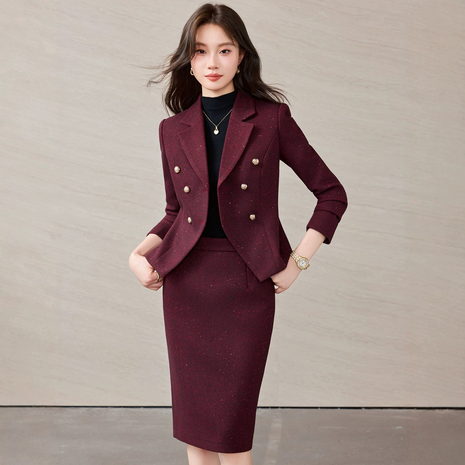 Burgundy women's suit set for autumn and winter, mature and elegant style, high-end feel, professional suit for presenters and work uniforms.