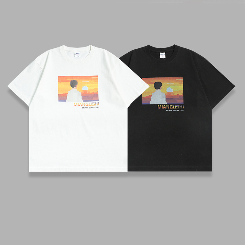 Japanese retro round neck 320g pure cotton pixel painting cartoon digital printing round neck couple neutral half sleeve T-shirt men