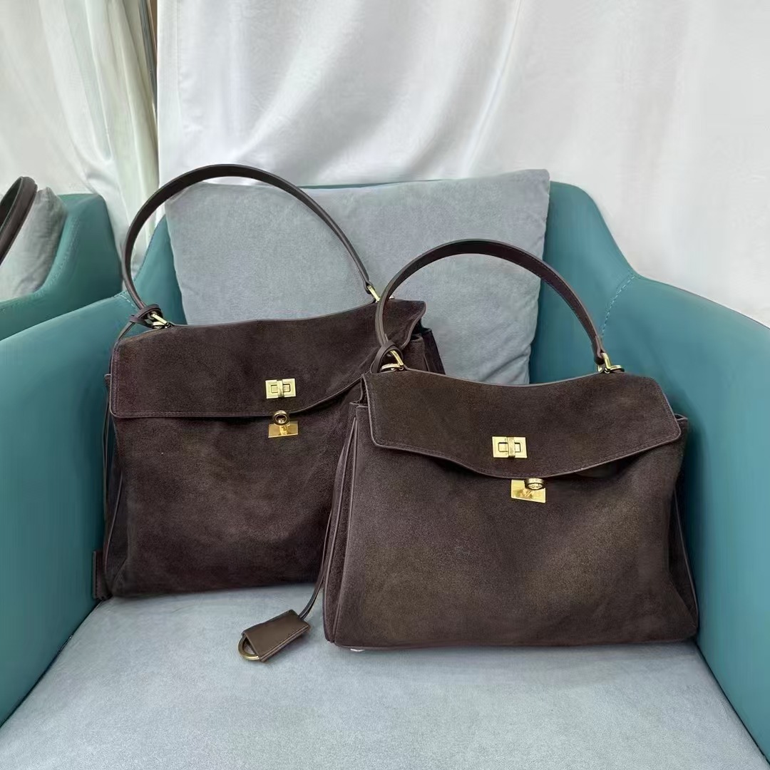 Spring 2025 B Home Same-style Frosted Suede Tote Bag Leather Lock Portable Underarm Shoulder Crossbody