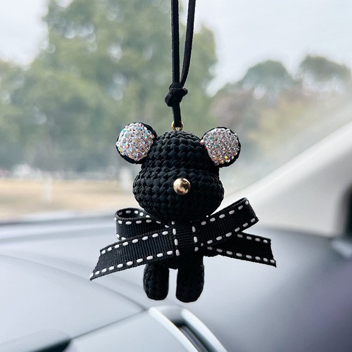 Gypsum Embroidered Diamond Fuzzy Bear Car Ornament Cute Plush Toy with Bow Tying, Car Interior Decoration Accessory Cute