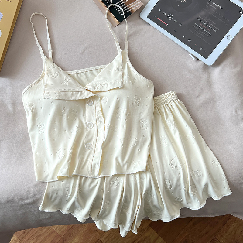 Ins韓国版ストライプパジャマ女性2025新型夏モルデット胸パッド付きストラップストライプ家庭服セット|undefined