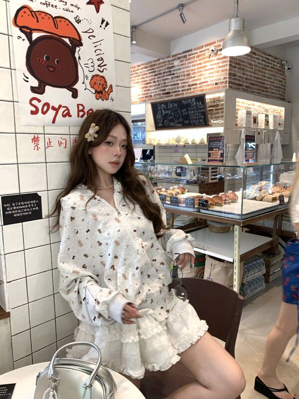 韩系chic连帽开衫外套女初秋新款慵懒风宽松卡通印花外穿百搭卫衣|undefined