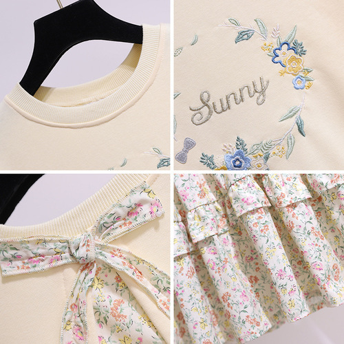 Girls' dress spring long-sleeved fashionable fake two-piece sweatshirt spliced ​​floral skirt spring and autumn children's princess skirt