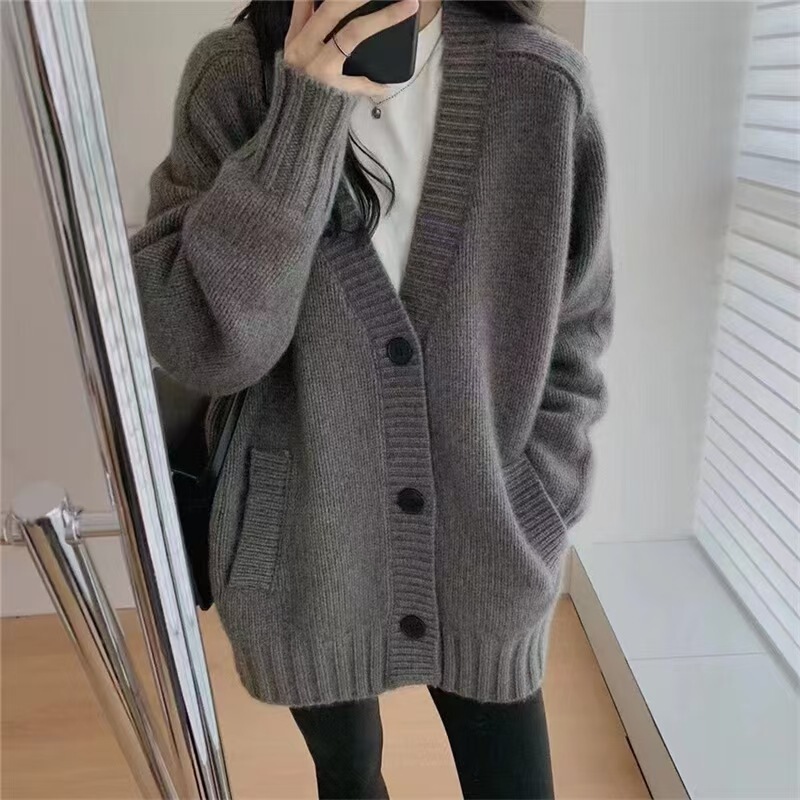 Autumn and Winter New European Style V Neck Wool Cardigan for Women Loose Thickeneded Lazy Style Large Size Knitted Pure Color Sweater Jacket