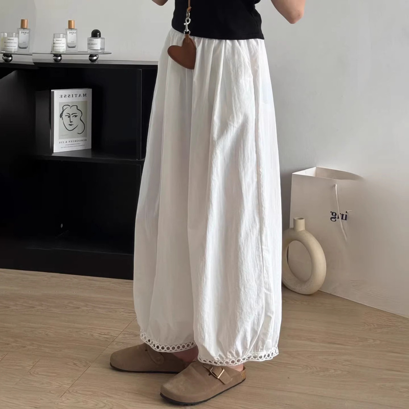 日系灯笼阔腿裤女夏薄款藏青色裤子大码胖mm显瘦小个子花苞九分裤|undefined