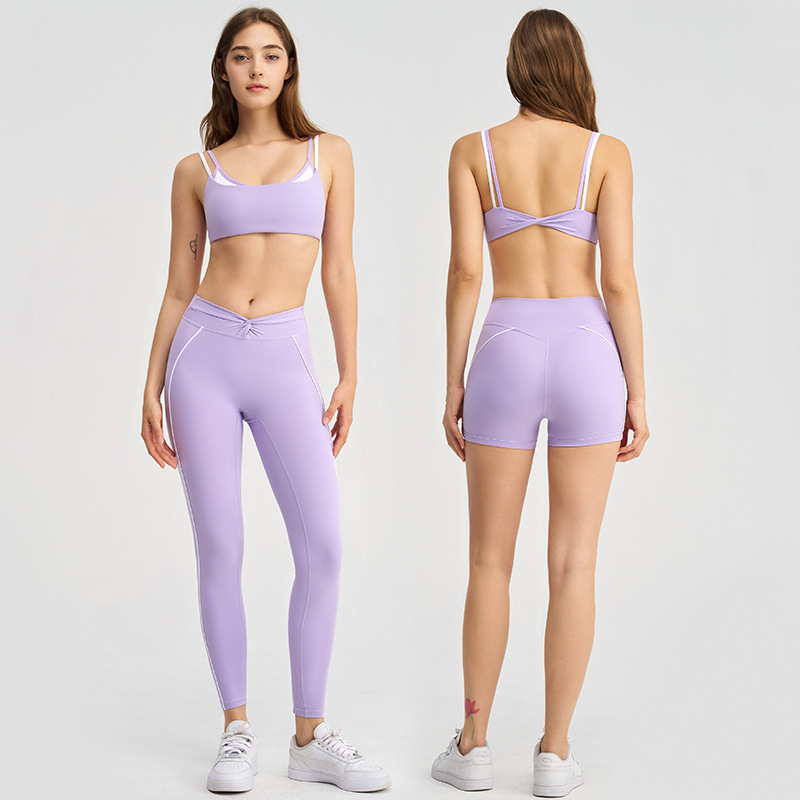 Cross-border color-blocking white stripe faux two-piece running pants and shorts with twisted halter neck sports bra and yoga outfit set for women
