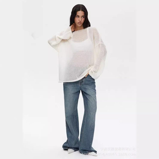 2025 Spring and Summer New Hollow Sweater Women's European and American Ins Soft Loose Knitted Long Sleeve Overalls Cross-border Hot Sale