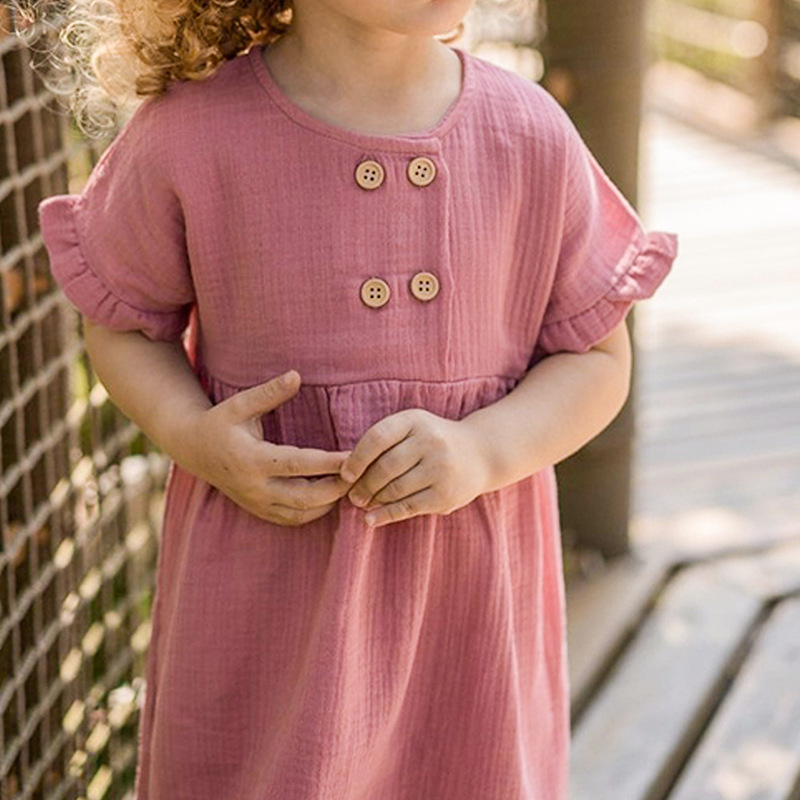 【Clearance Bargain】Double-Layered Crinkle Fabric Short-Sleeve Dress, Summer Double-Breasted European and American Style Pure Cotton Gauze Dress for Girls