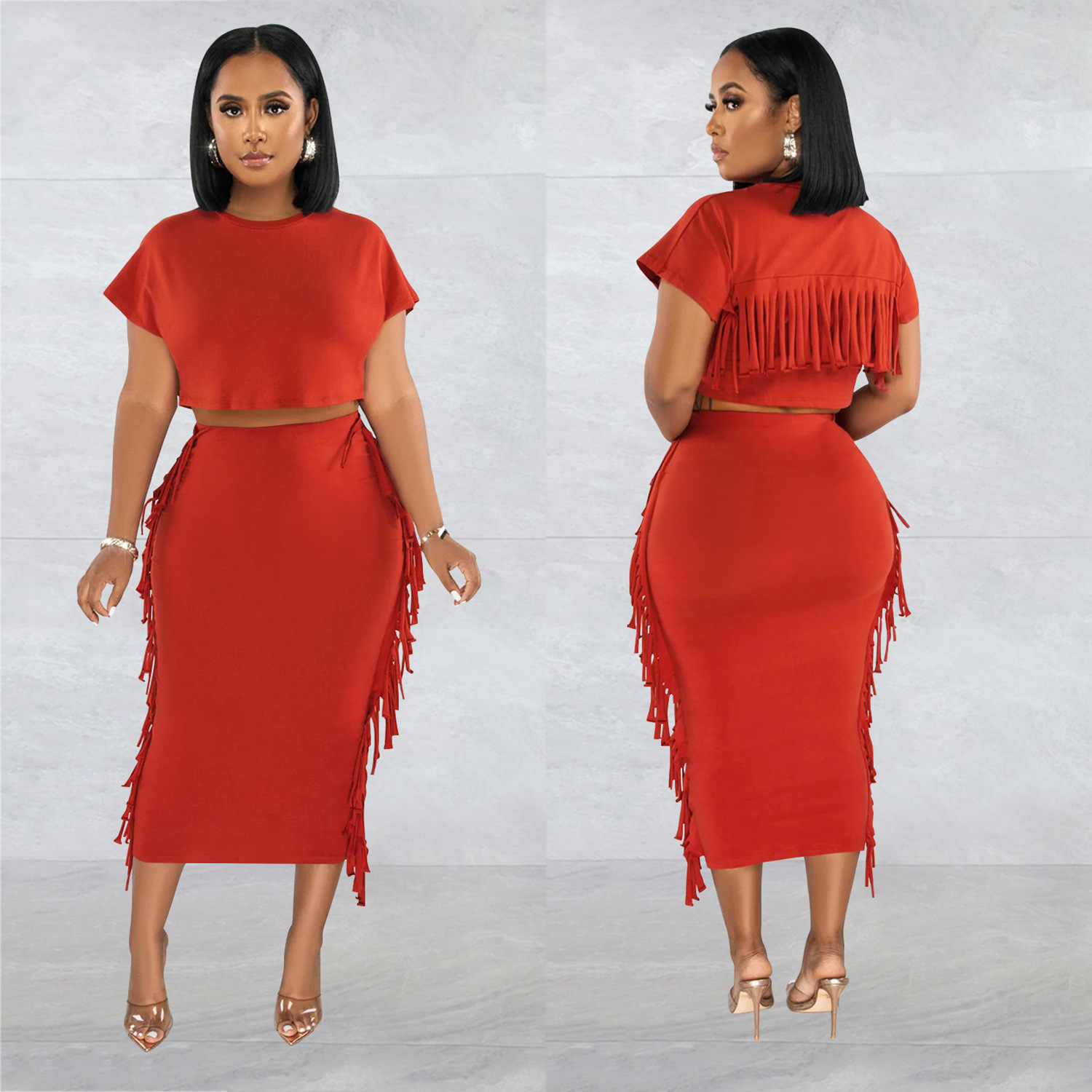 X6331 transfronterizo AliExpress Amazon ropa de mujer de moda europea y americana borla de color sólido cuello redondo Vestido de manga corta conjunto de dos piezas