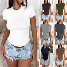 2025欧美亚马逊跨境上衣女装春夏Y2K风纯色修身显瘦短袖T恤