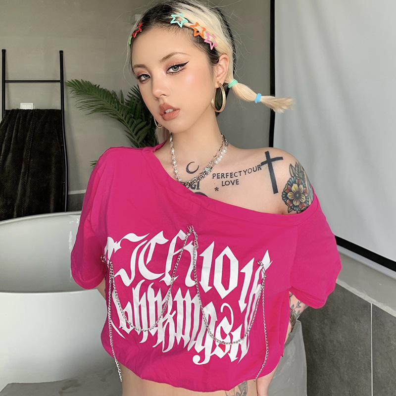 chain loose slanted shoulder short-sleeved T-shirt  Nihaostyles wholesale clothing vendor NSSSN75580