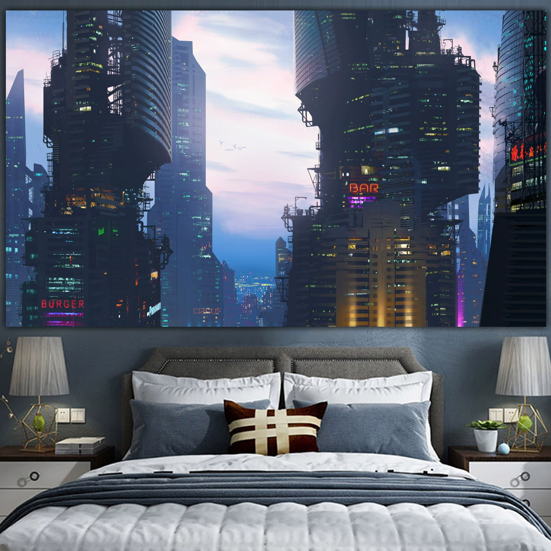 Постер cyberpunk неоновый город, размеры 38×65 см, 85×155 см, 110×200 см