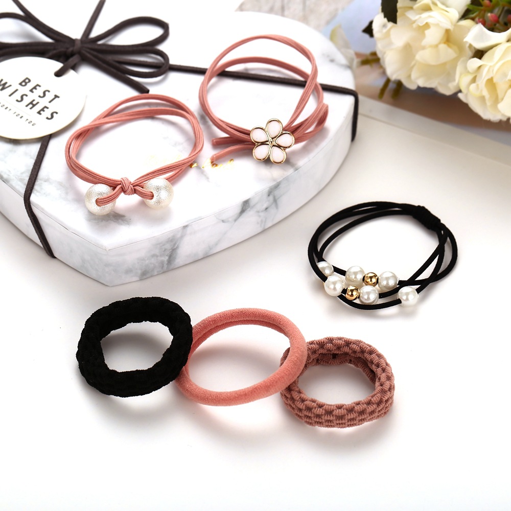 Creative Pearl Flower Pink Black Hair Rope Set Sets display picture 3