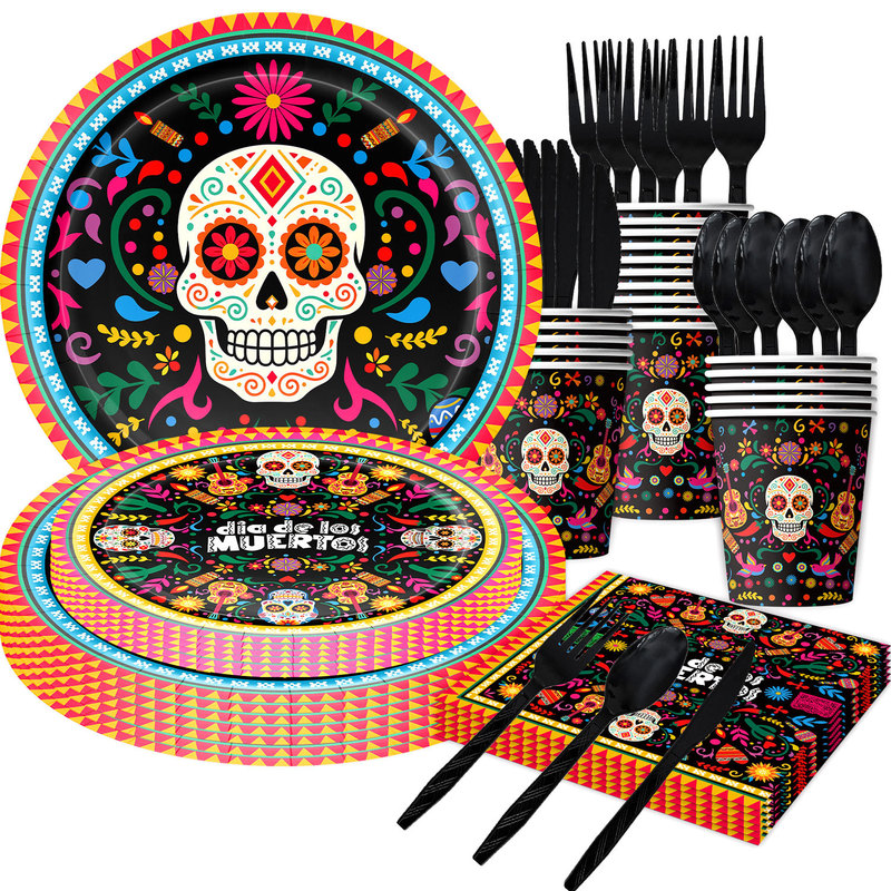 New Mexican Day of the Dead Themed Party Supplies: Tableware, Paper Plates, Paper Napkins, Paper Cups, Disposable Tablecloths, Triangular Flags