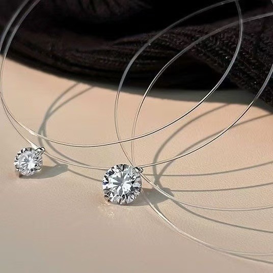 Mermaid's Tears Single Diamond Necklace Women's Exquisite Zircon Invisible Fishing Line Niche High-End Versatile Clavicle Chain Necklace