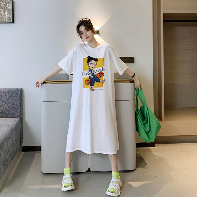 Korean Style Mori-Style Dress, New Summer Model, Plus-Size Loose Simple Lazy Dress, Long Over-The-Knee Dress for Plus-Size Women and Pregnant Women