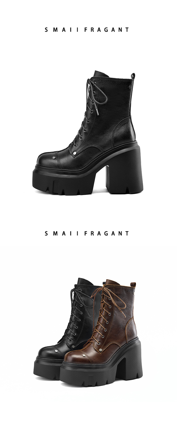 Boot nữ da mềm mũi tròn gót thô đế dày dây buộc — Lót nhung đen chi tiết 9