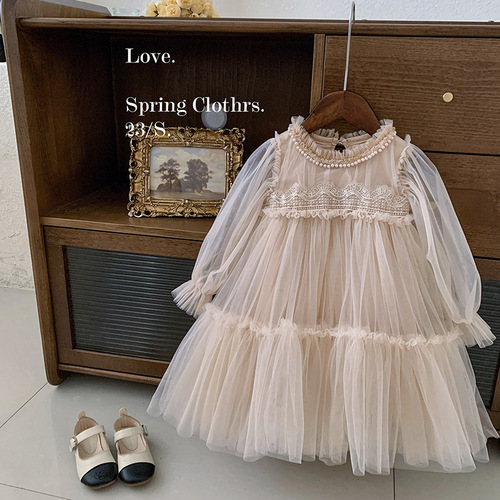 Girls' Dresses Spring and Autumn 2024 New Style Children's and Baby Girls' Style Lace Splicing Puffy Shape Princess Dress
