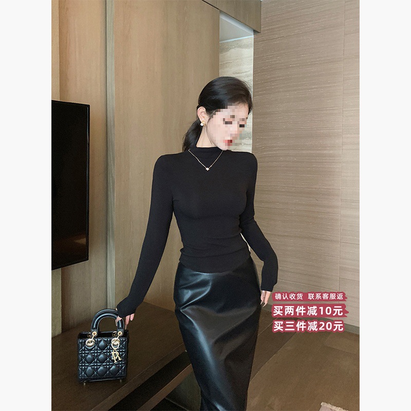 Lin Guanguan Black Half Turtleneck Bottoming Shirt for Women in Autumn and Winter with a High-End Feel That Can Be Worn Outside Long-Sleeved Slim T-Shirt Tops