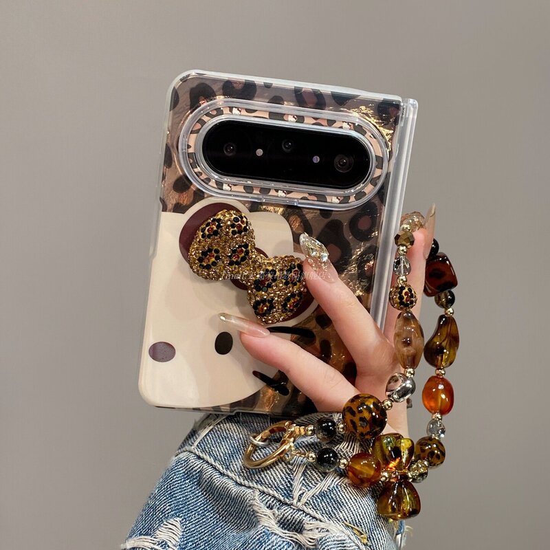 Luxurious brown leopard print KT cat case suitable for Huawei PuraXMax foldable screen phone, dual-axis soft rubber protective cover