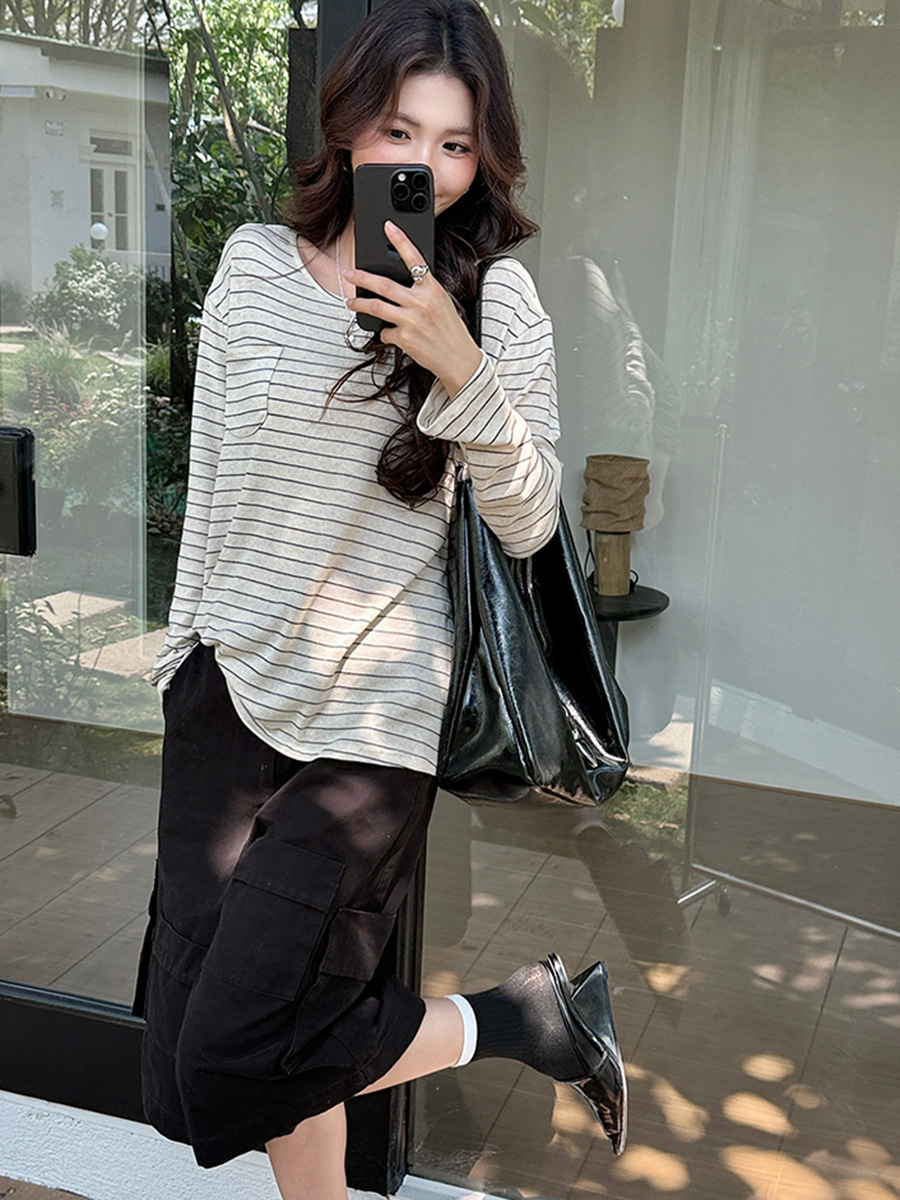 Shunenliangpin Spring and Autumn Silk Linen Base Shirt New Round Neck Loose Long Sleeve Slightly See-Through Pocket Lyocell Blouse