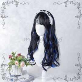 新款动漫假发 齐刘海蓝色挑色cosplay长卷发化纤厂家货源批发