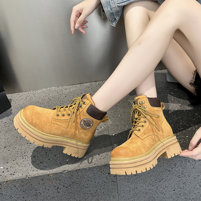 내부 키높이 기능이 있는 여성용 천연 가죽 두꺼운 밑창 마틴 부츠, 2025년 가을 겨울 신상 숏부츠, 다용도 핑크 부츠, 키높이 8cm