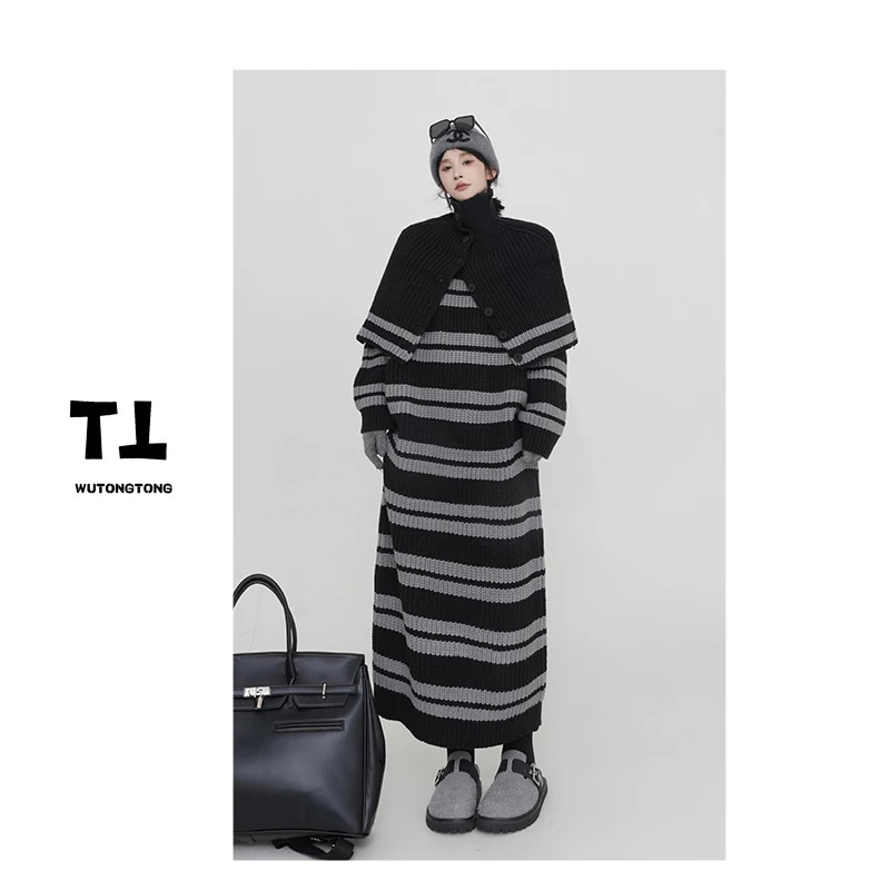 60300 # Ready Stock [Sese Story] Winter Stripesd Over-The-Knee Dress for Women, Mid-Length Loose Flesh-Covering Sweater