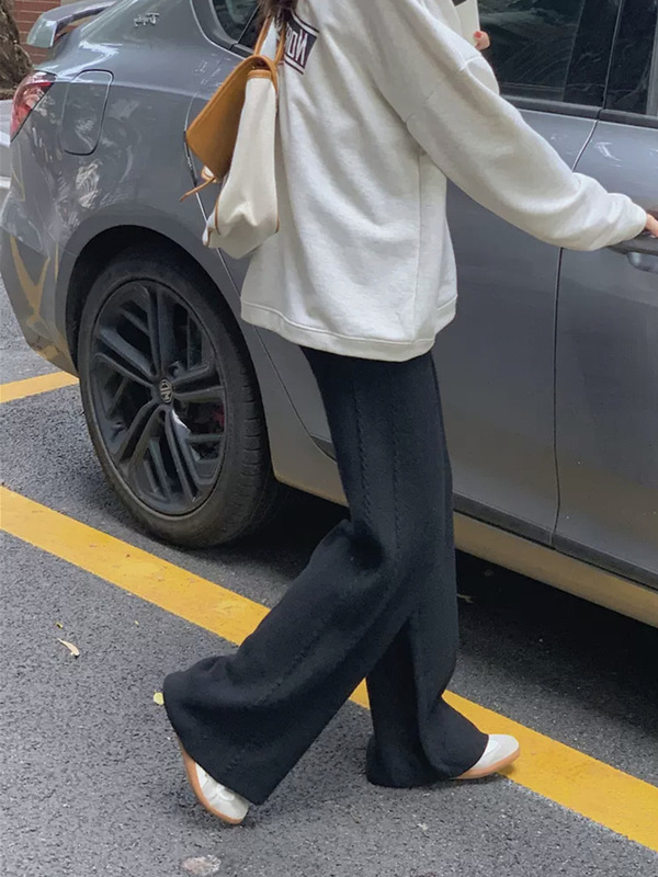 デザイン感麻花ニットワイドパンツ女性秋冬純色高腰ペンダント感モップ地長ズボンカジュアルストレートズボン|undefined