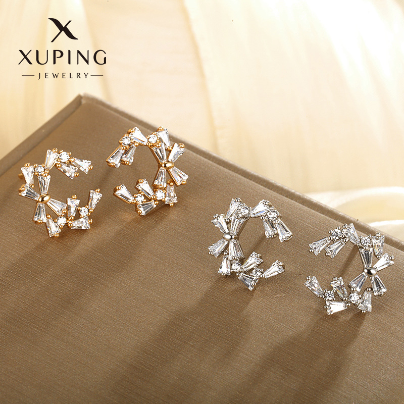 Joyería Xuping micro incrustado arco de arco de aluminio coreano alta sensación de personalidad orejas de aleación chapadas en oro pequeñas pernas de orejas