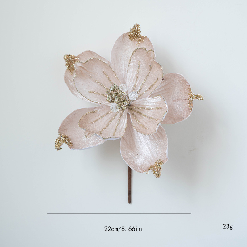 跨境新品圣诞节装饰品仿真花圣诞花22cm布艺粘粉亮片仿真玉兰花|undefined