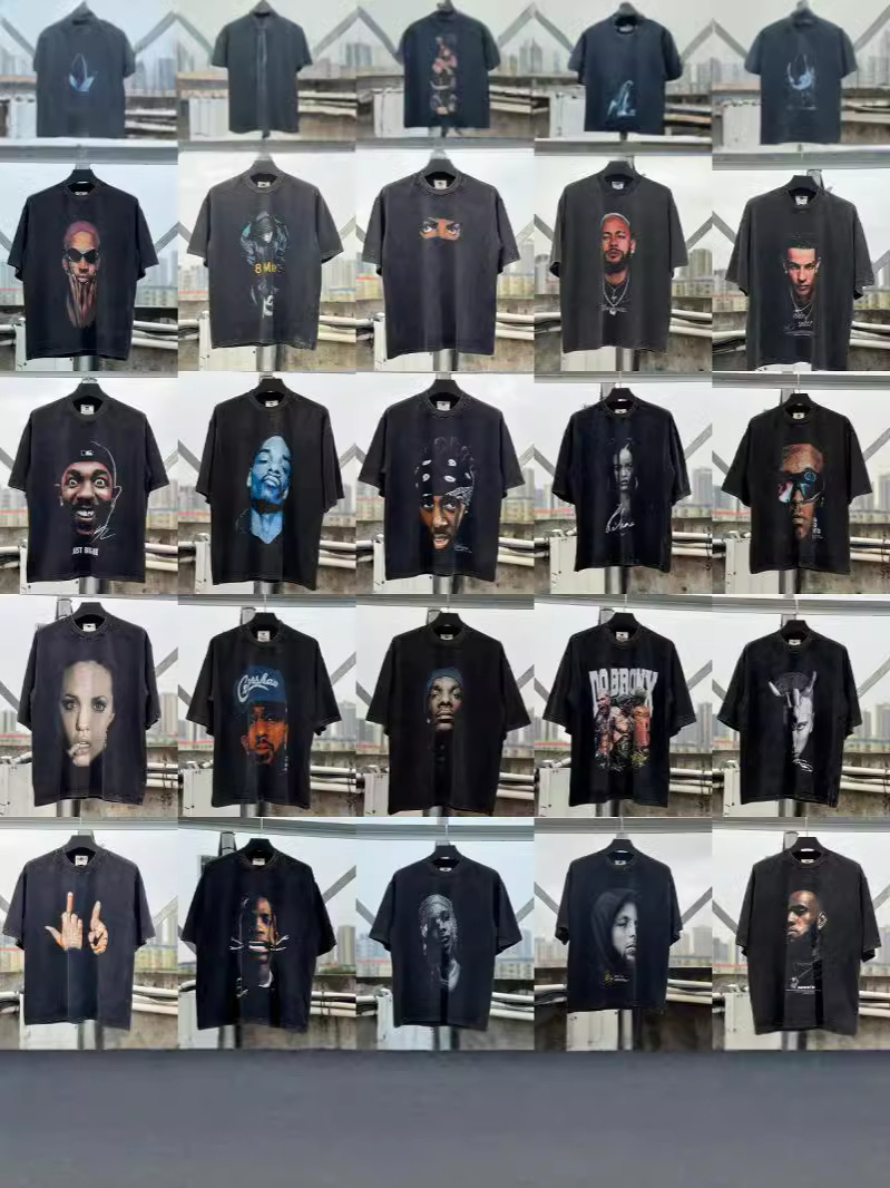 European and American Street Retro Washing Water Dressed Big Bug Rodman Figure Printed Short Sleeve Loose Hip Hop Trendy T-Shirt for Men and Women