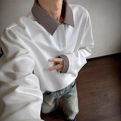 美式千鸟格拼接白色卫衣男秋季老钱风穿搭长袖POLO衫重磅翻领T恤
