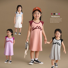 女童字母插肩無袖裙夏季2024新款兒童小女孩運動風刺繡背心連衣裙