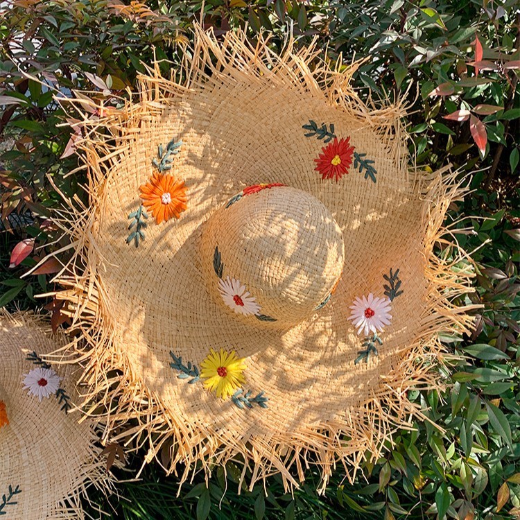 法式拉菲草花朵草帽女夏季沙滩海边编织大帽檐太阳帽子遮阳防晒帽|undefined