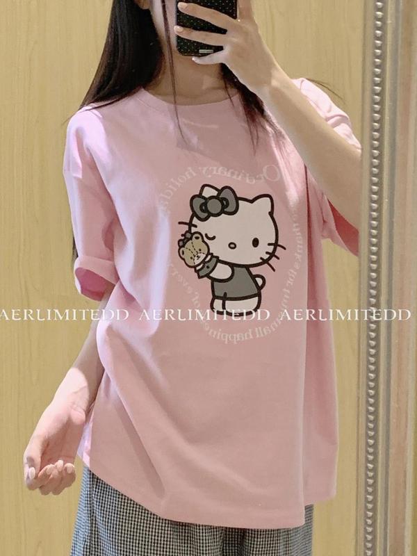 コットンガーリー韓国風イン新作ハローキティ猫プリント半袖ルーズTシャツアウターかわいいミドル丈|undefined