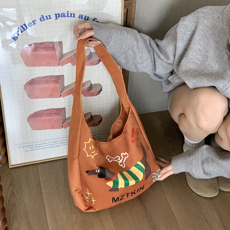 Bolsa de mano de gran capacidad, bolso de mano, bolso de hombro portátil, estilo coreano de perro salchicha encantador de dibujos animados.