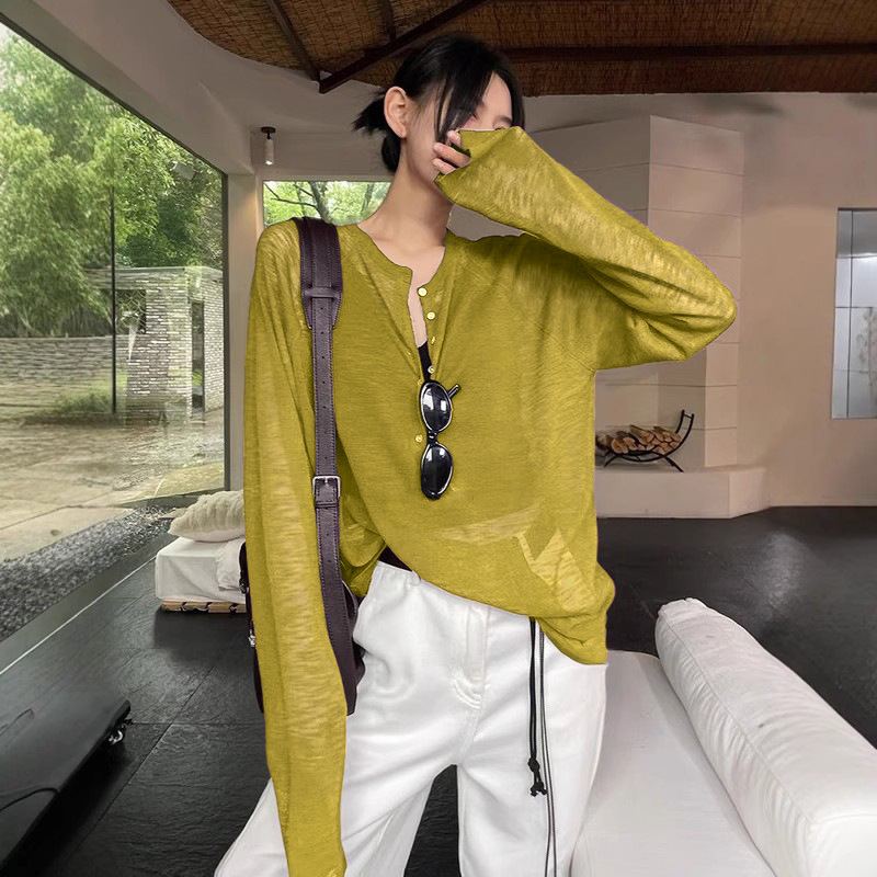 Yellow Henry Collar Tencel Long-Sleeved Right Shoulder T-Shirt for Women in Autum Loose Lazy Style Sun Protection Slightly See-Through Blouse Top