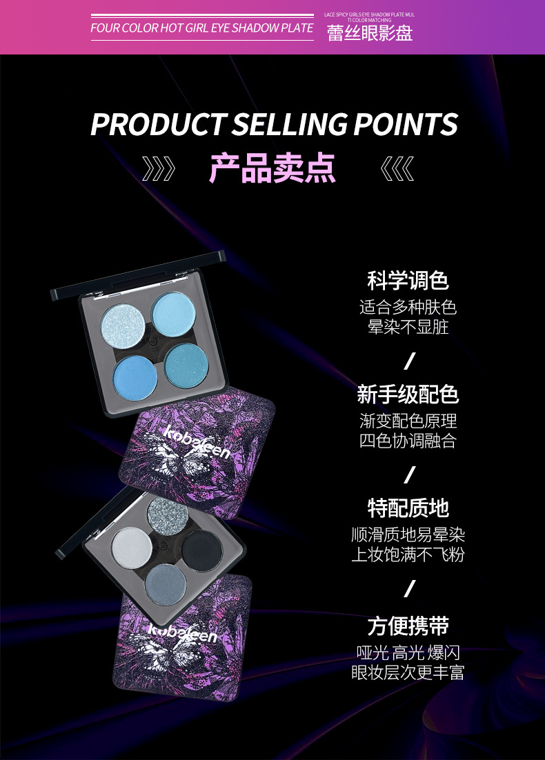 kobeleen Lace four-color eyeshadow palette Punk European and American style pearlescent fine sparkling smoky eye makeup Dark Hot girl cosmetics Specification drawing