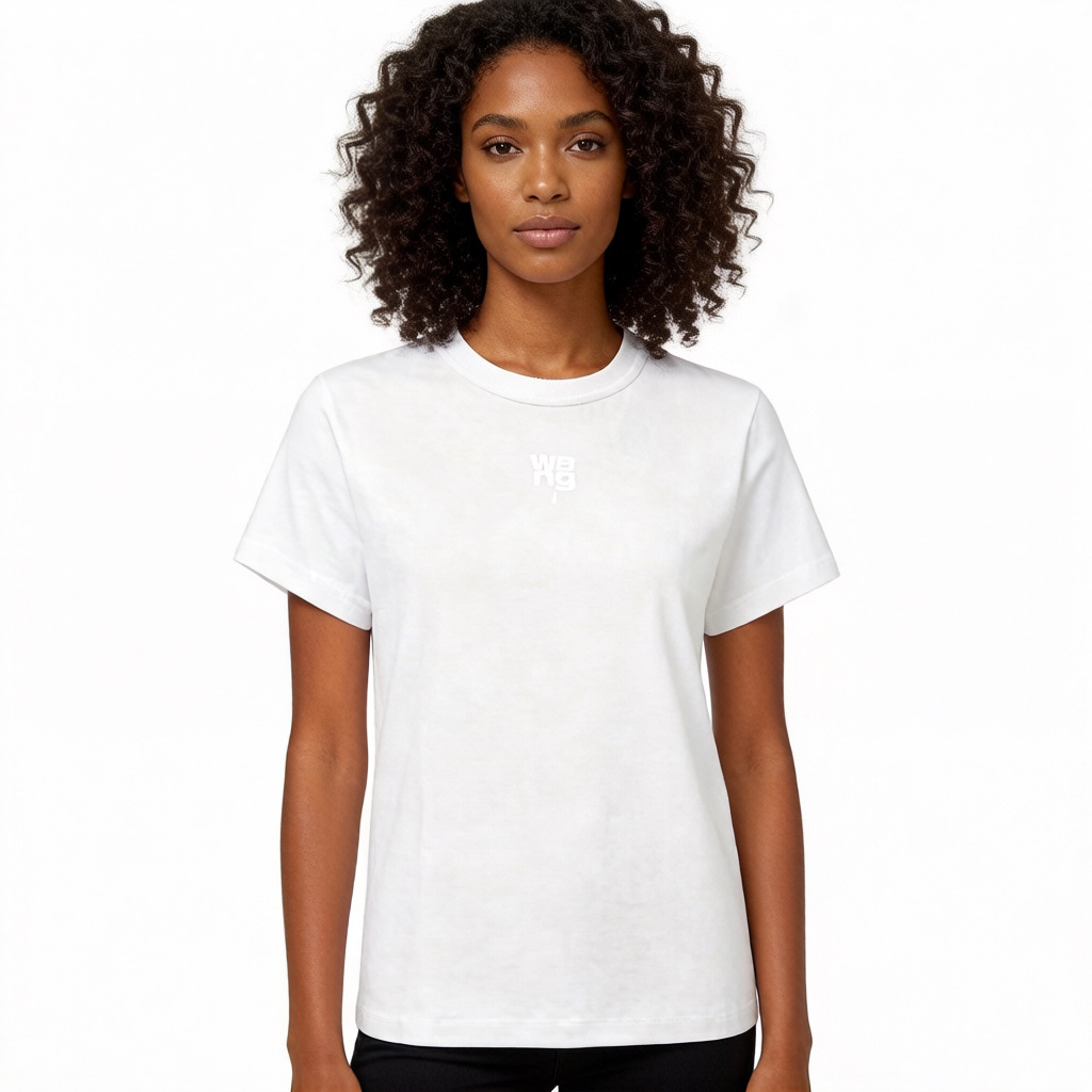 Alexander Wang üslubunda qadın ağ t-shirt, dəyirmi boyun, qısa qol