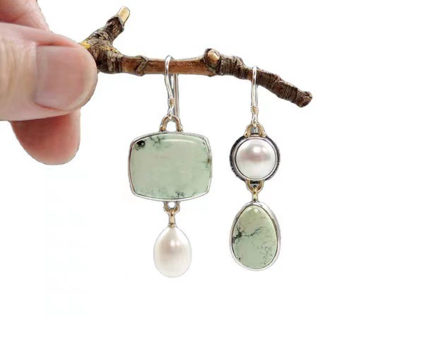 Agate asymmetrical earrings handmade jade from pearl
