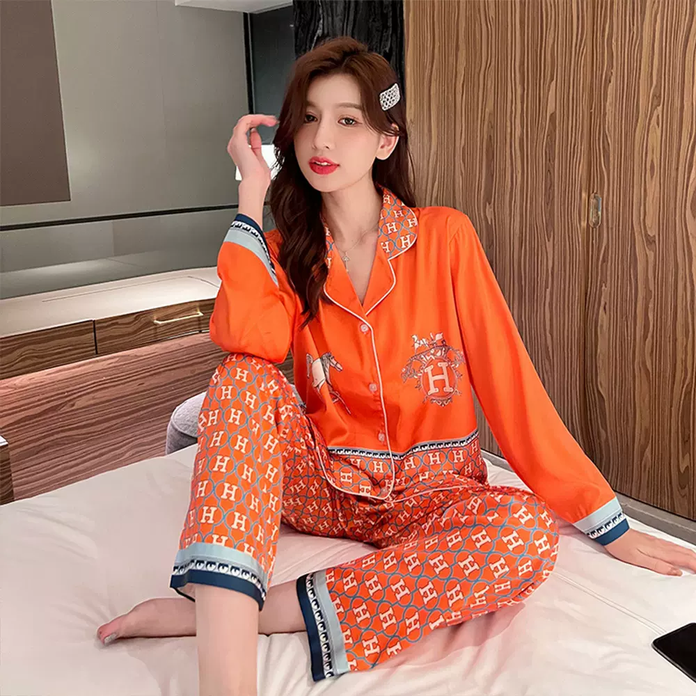 外贸冰丝睡衣女薄款长袖长裤套装翻领韩版春夏季大码睡衣居家服