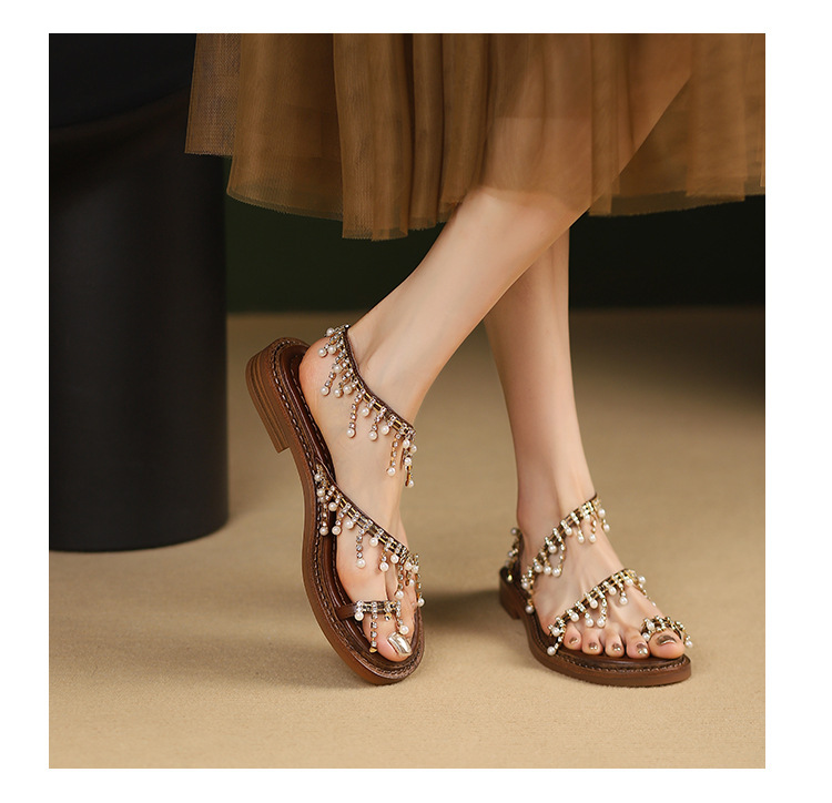 Dép sandal nữ xỏ ngón đế bệt da bò phong cách La Mã tua rua ngọc trai — Màu nâu, Màu đen, Màu trắng be chi tiết 12
