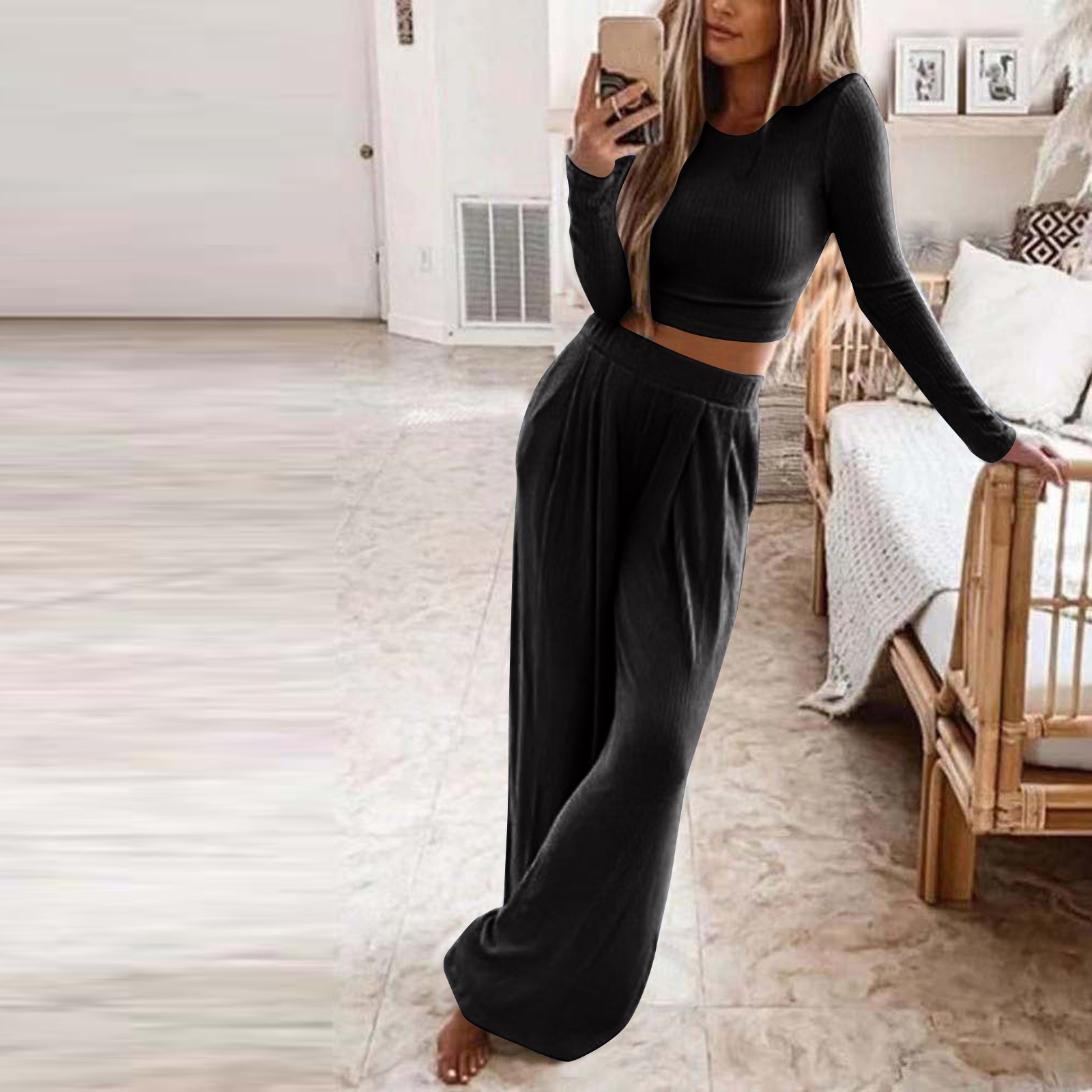 Round Neck Neckline Warm Winter Festival Daily Women'S Fashion Solid Color Cotton Blend Polyester Patchwork Pant Co-ord Set Pants Sets