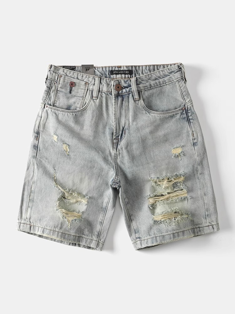 Men's Clothing Men's Mid-Length Distressed Ripped Denim Shorts Summer Retro Washed Muddy Casual Loose Trendy_mkmklike.com