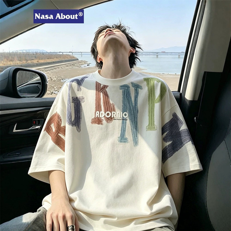 Nasa About2026 New Summer Round Neck Short-Sleeved T-Shirt Men's Letter Graffiti T-Shirt Trendy Brand Loose Top
