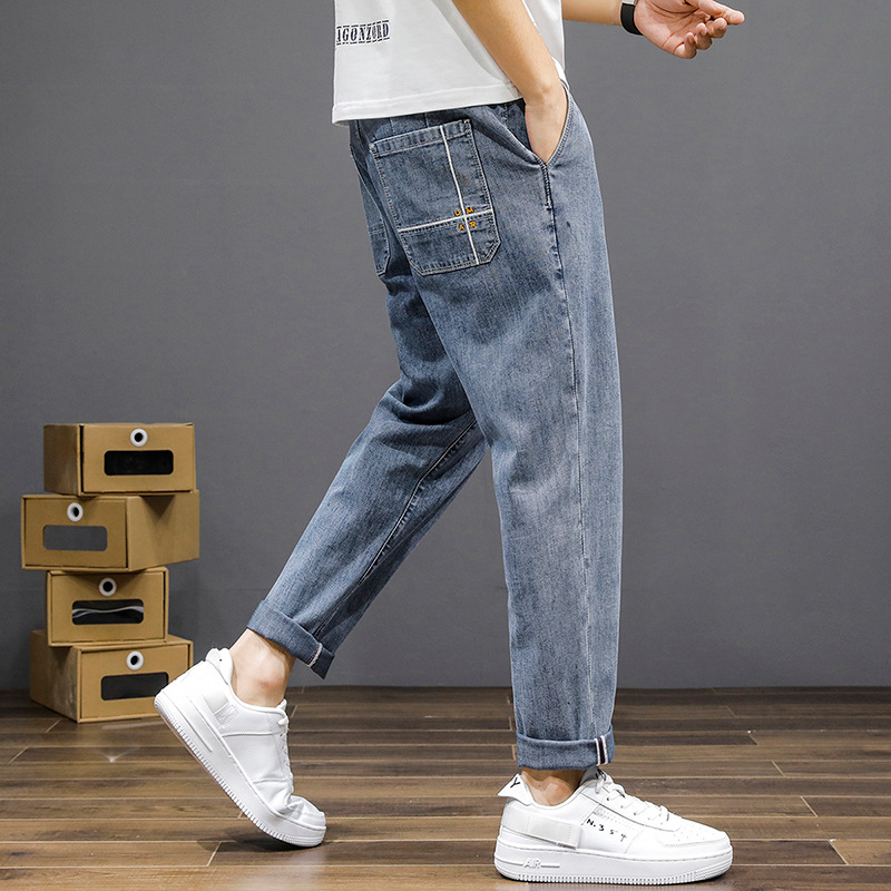 Heißverkaufte, übergroße, bestickte Herrenjeans mit elastischem Bund für Herren. 9-Punkt-Fat-Jeans in Übergröße für Vielseitigkeit für Herren_voghion.com