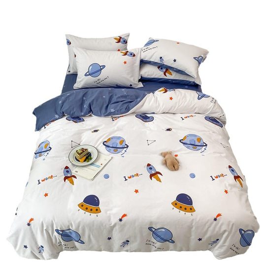 Four-piece set of pure cotton cotton 100 boys cartoon bed linen quilt bedding children's single bed hat three-piece set