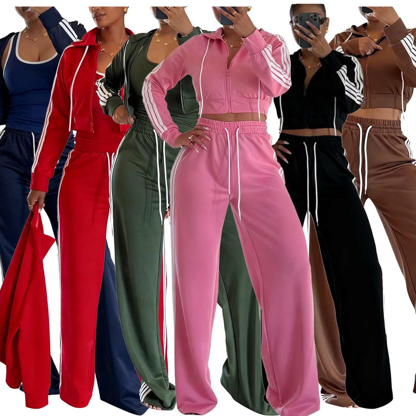 Ts1354 European and American Women's New Style 2025 Webbing Wide-Leg Pants + Slim Jacket Sports Suit Without Vest