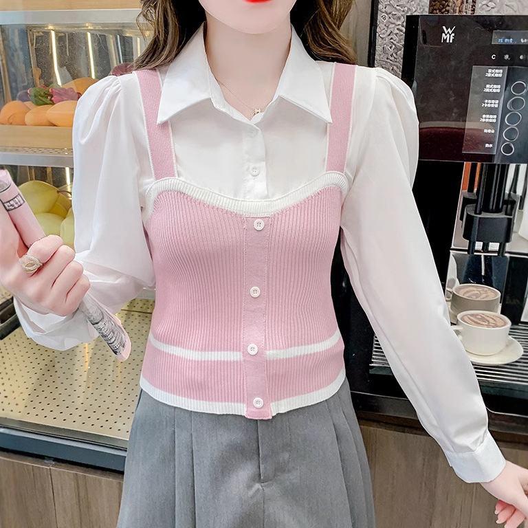 Fake Two-piece Knitted Vest Sling with Sling Puff Sleeves Simple and Atmospheric French Design Niche Sweet Top for Women Fake Two-piece Knitted Vest Sling with Sling Puff Sleeves Simple and Atmospheric French Design Niche Sweet Top for Women